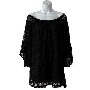 WinWin Tunic Top Womens XL Black Off Shoulder Bell Sleeve Boho Floral